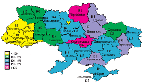 Смертность населения от несчастных случаев в разрезе регионов Украины в 2008